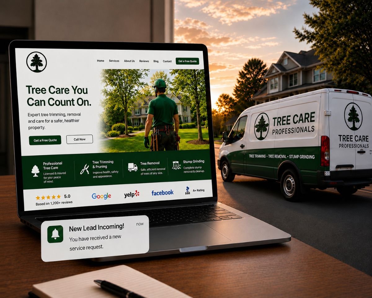 An image of a tree service website next to a tree service truck