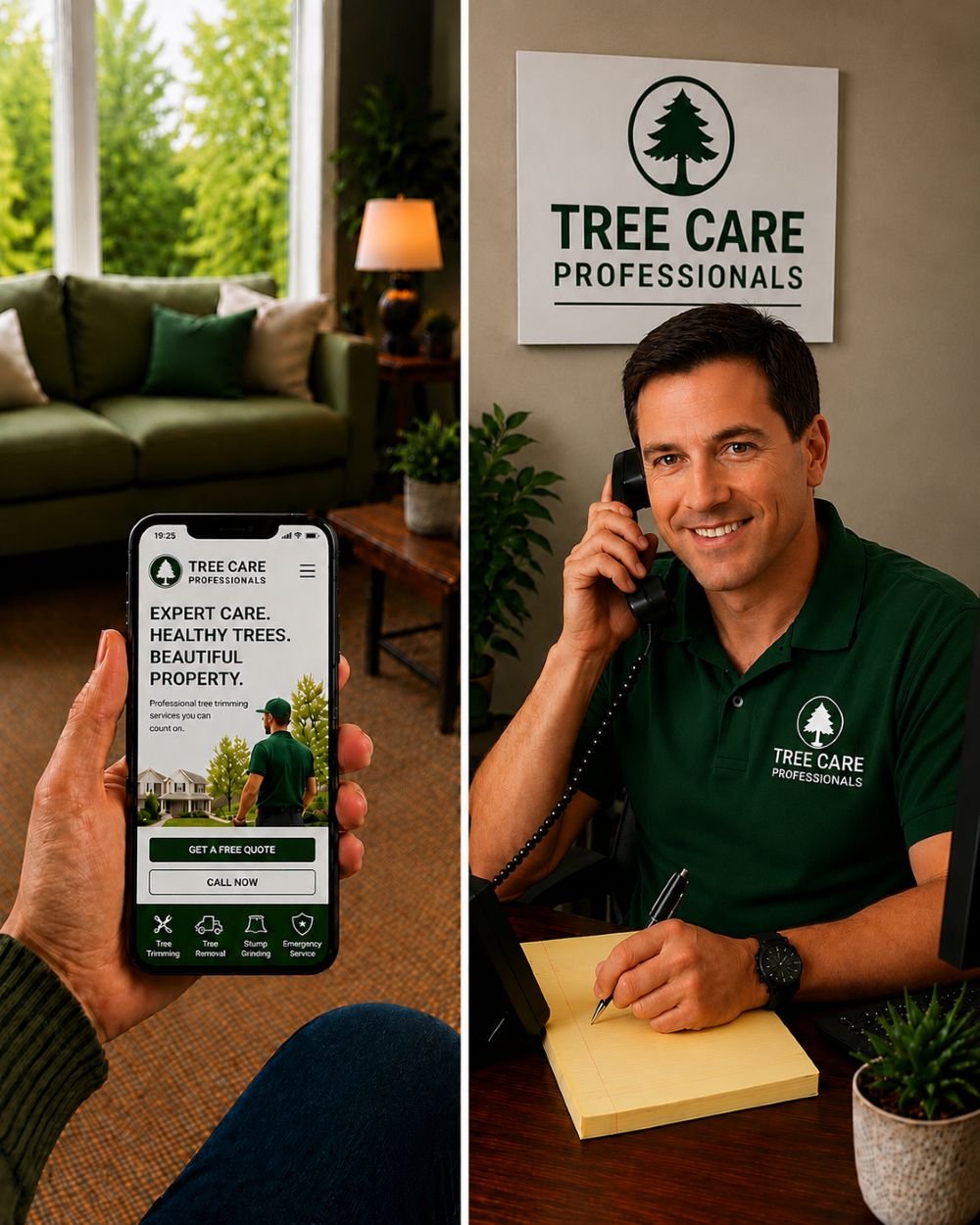 Image of a receptionist for a tree service company answering the phone
