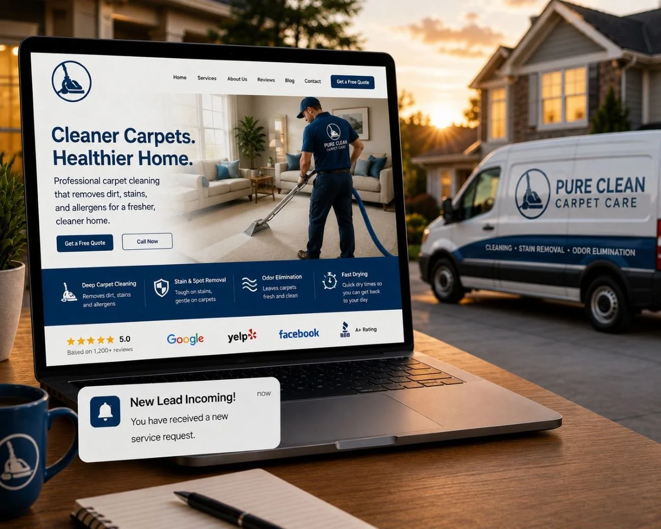 An image of a carpet cleaning website next to a carpet cleaning truck.