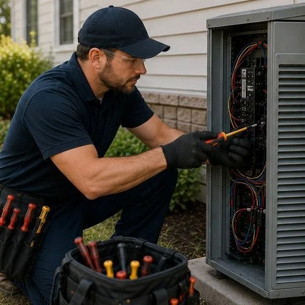 Image of an HVAC employee fixing a HVAC system