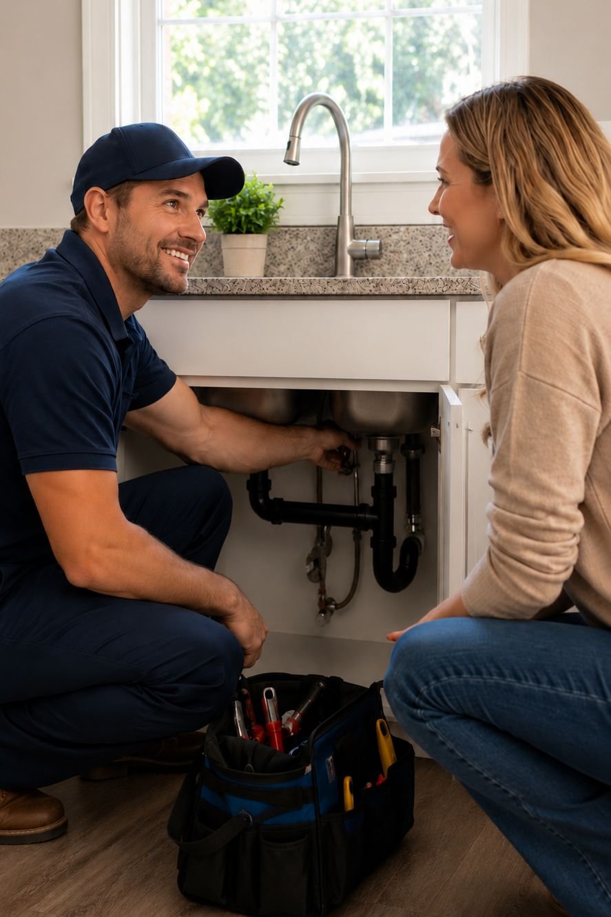 An image of a plumber fixing a sink for a happy customer