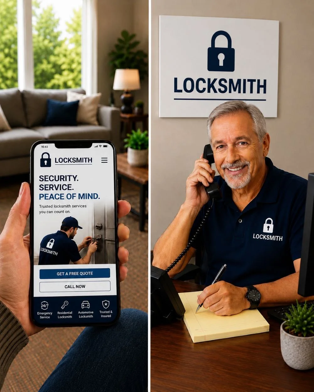 Image of a receptionist for a locksmith company answering the phone