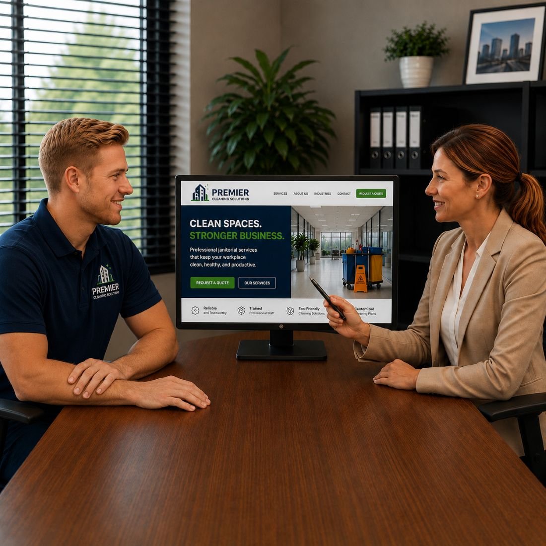 An image of a marketing meeting between a marketing company and a janitorial business owner