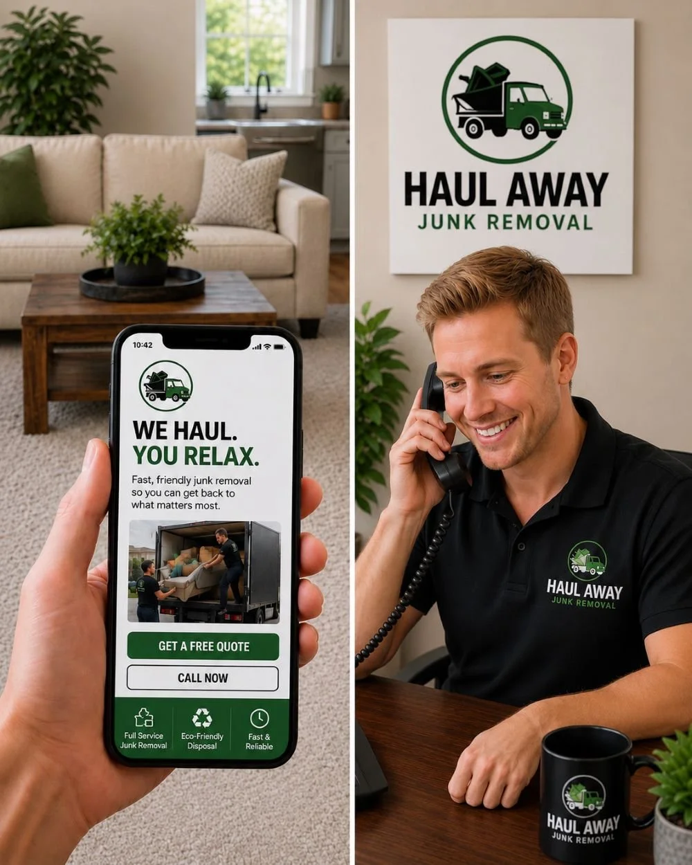 Image of a receptionist for a junk removal company answering the phone