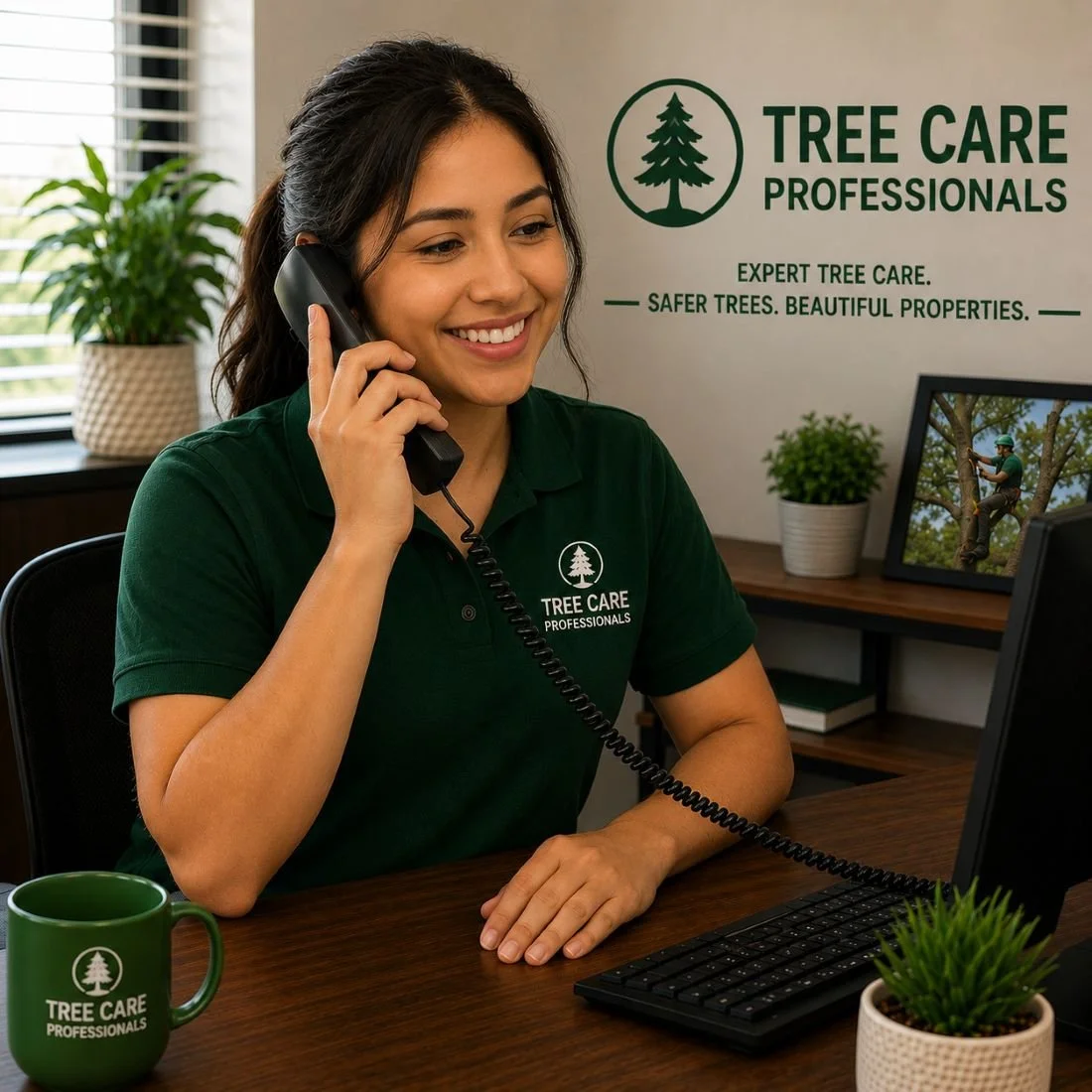 Image of a receptionist for a tree service company answering the phone