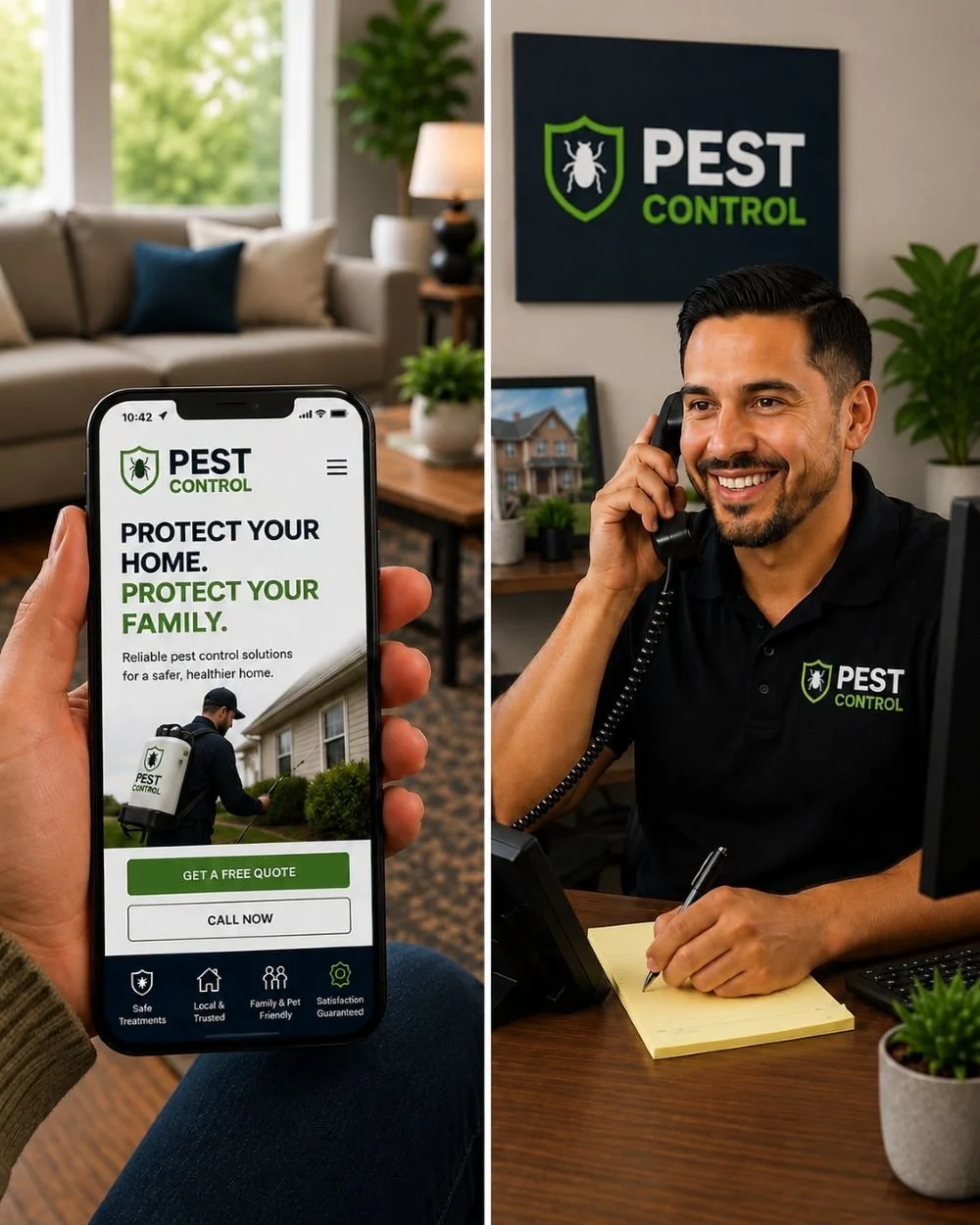 Image of a receptionist for a pest control company answering the phone