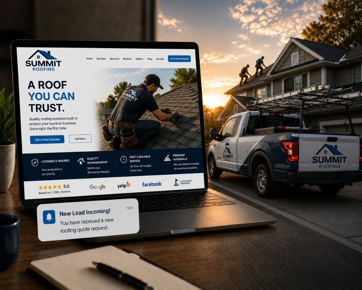 An image of a roofing website next to a roofing truck