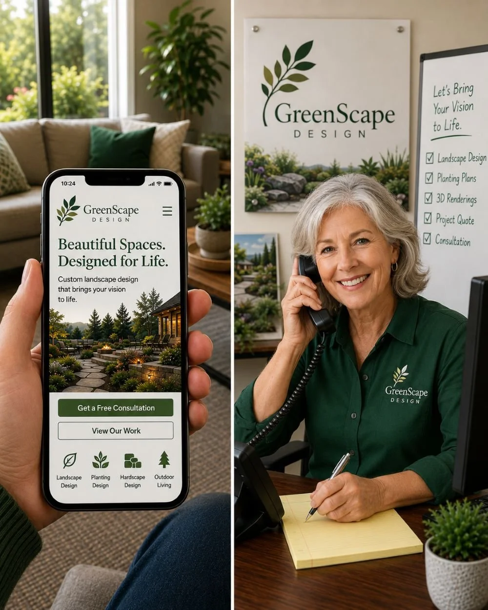 Image of a receptionist for a landscape company answering the phone
