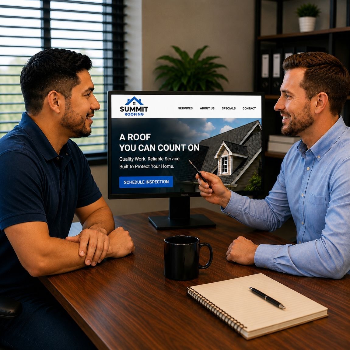 An image of a marketing meeting between a marketing company and a roofing business owner