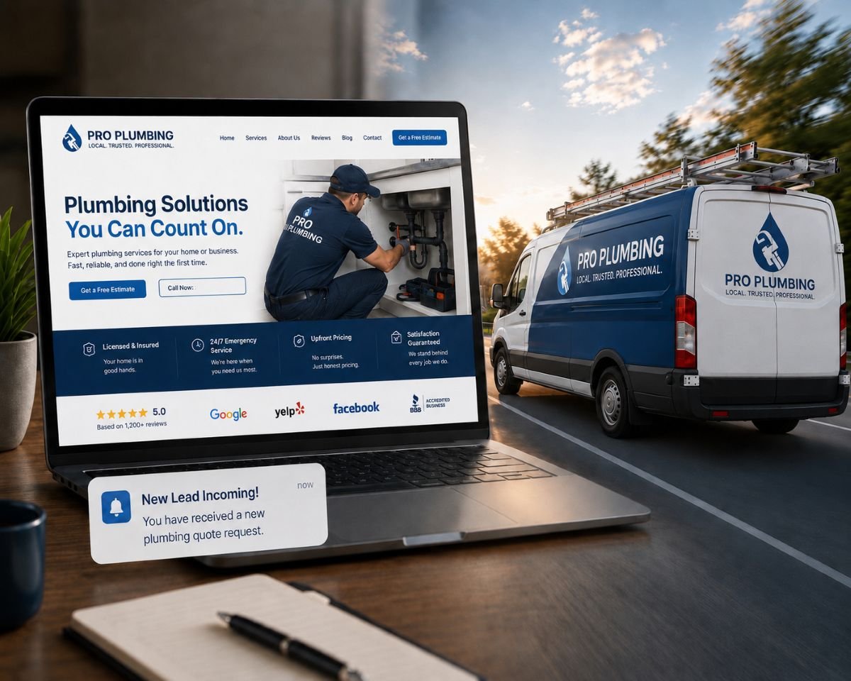 An image of a plumbing website next to a plumbing truck