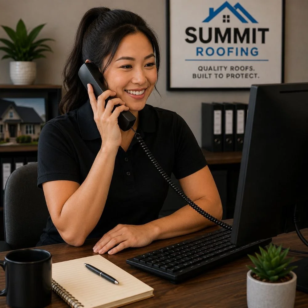 Image of a receptionist for a roofing company answering the phone