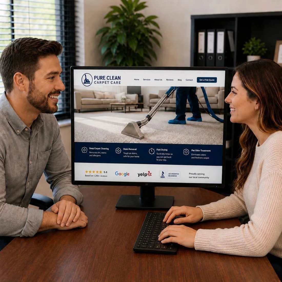 An image of a marketing meeting between a marketing company and a carpet cleaning business owner