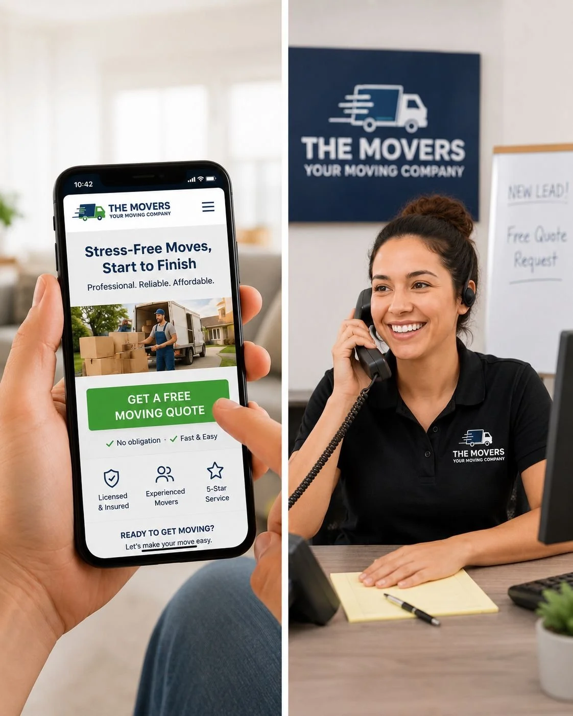 An image of a woman that works for a moving company answering a lead request
