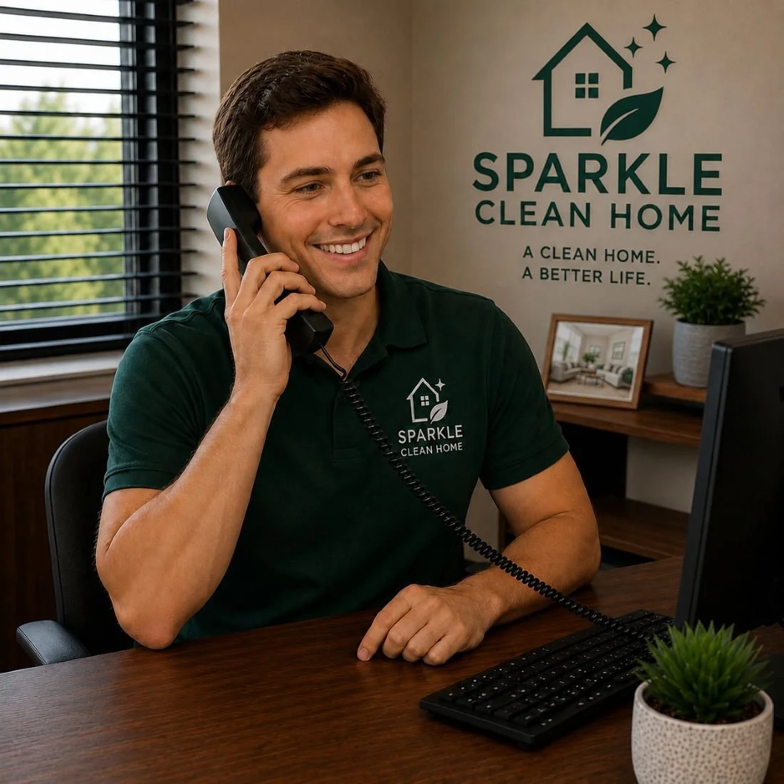 Image of a receptionist for a cleaning company answering the phone