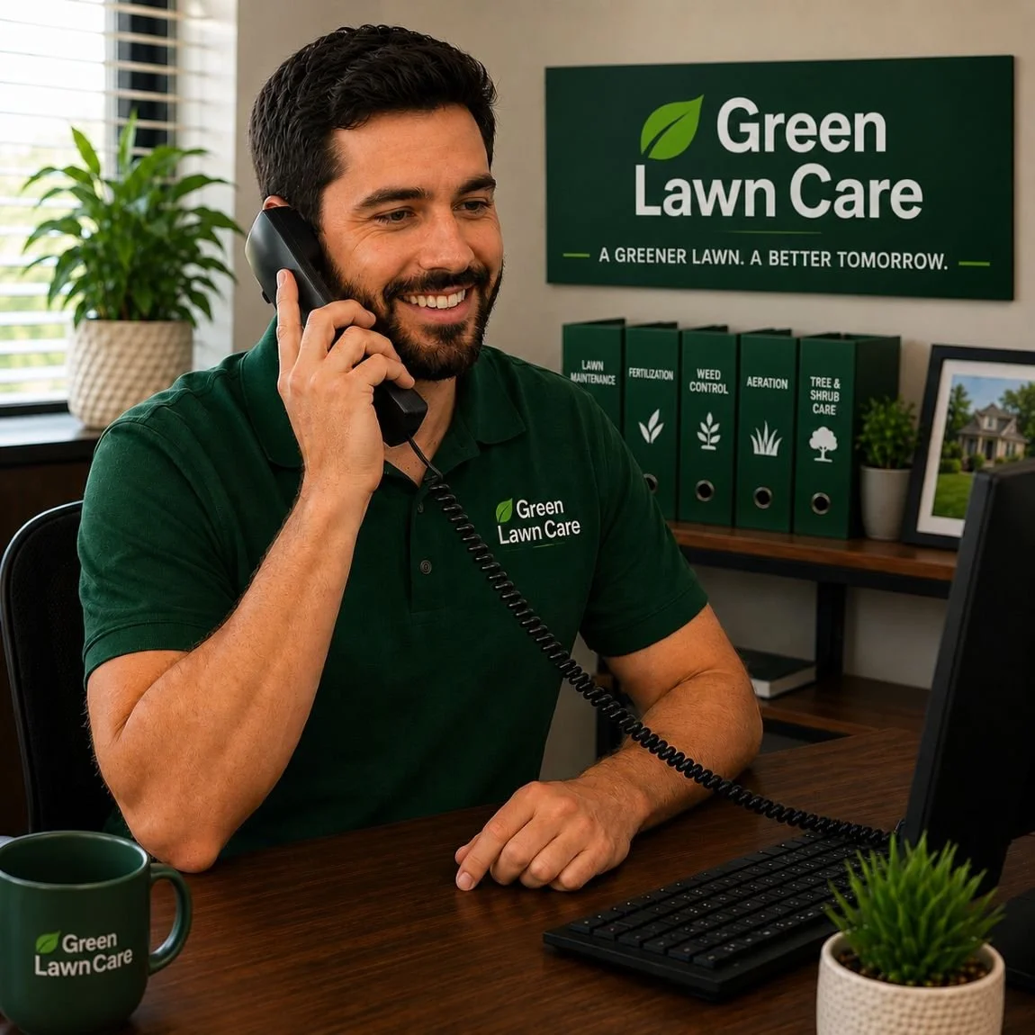 Image of a receptionist for a lawn care company answering the phone