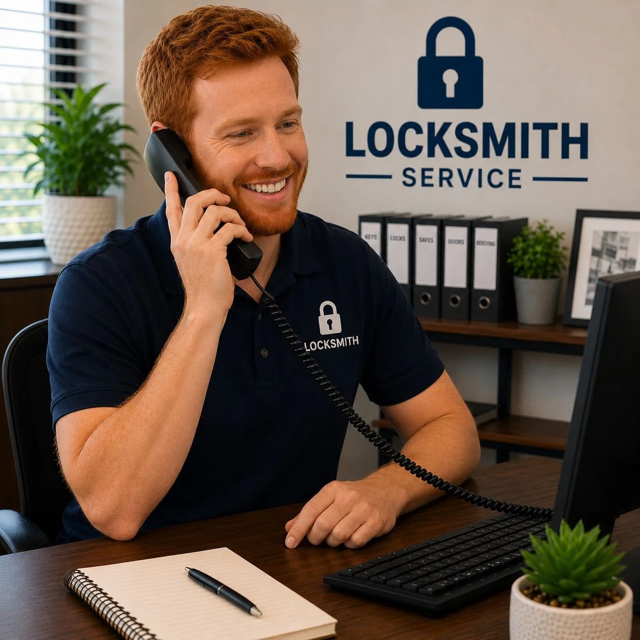 Image of a receptionist for a locksmith company answering the phone