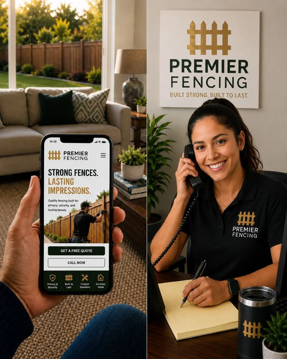 Image of a receptionist for a fencing company answering the phone
