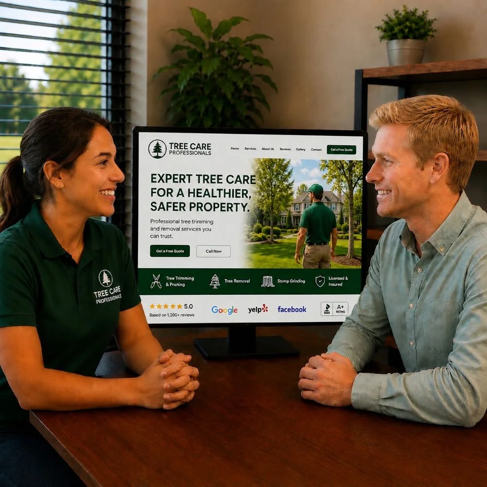 An image of a marketing meeting between a marketing company and a tree service business owner
