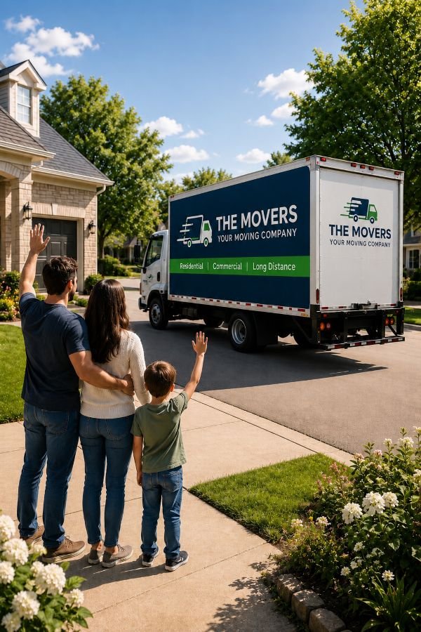 An image of a family waiving at a moving truck