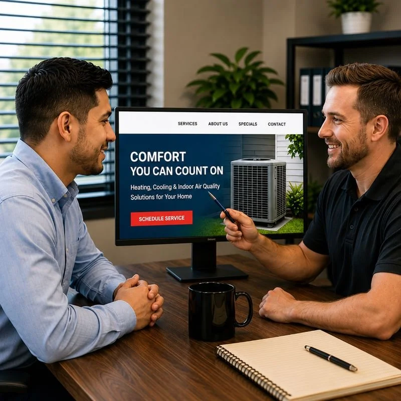 An image of a marketing meeting between a marketing company and a HVAC business owner