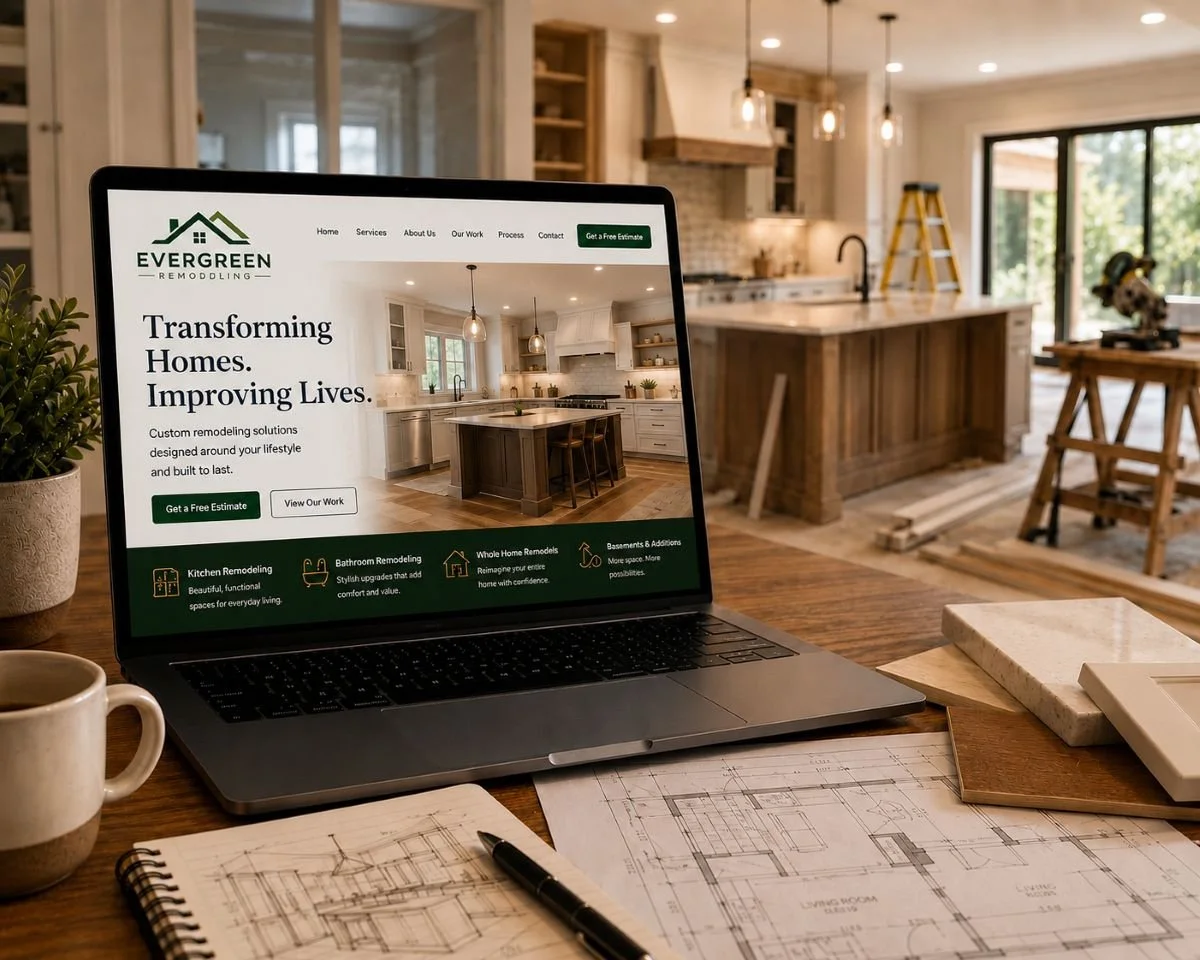 An image of a home remodeling website next to a home being remodeled