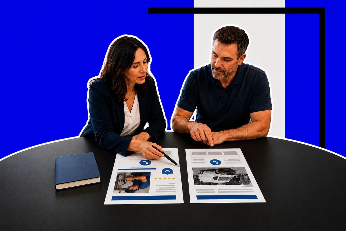 An image of two people discussing different options on a piece of paper