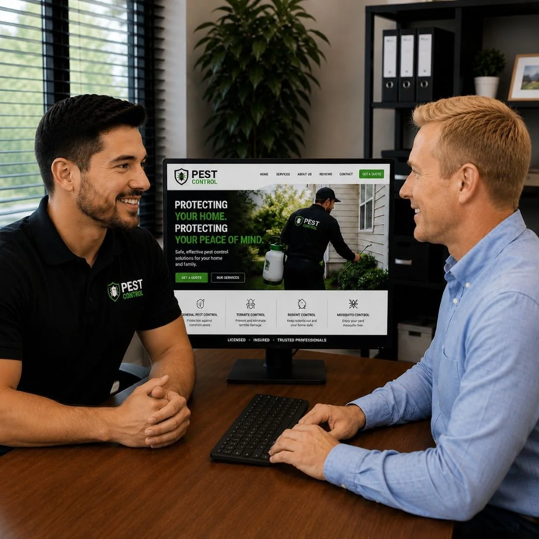 An image of a marketing meeting between a marketing company and a pest control business owner
