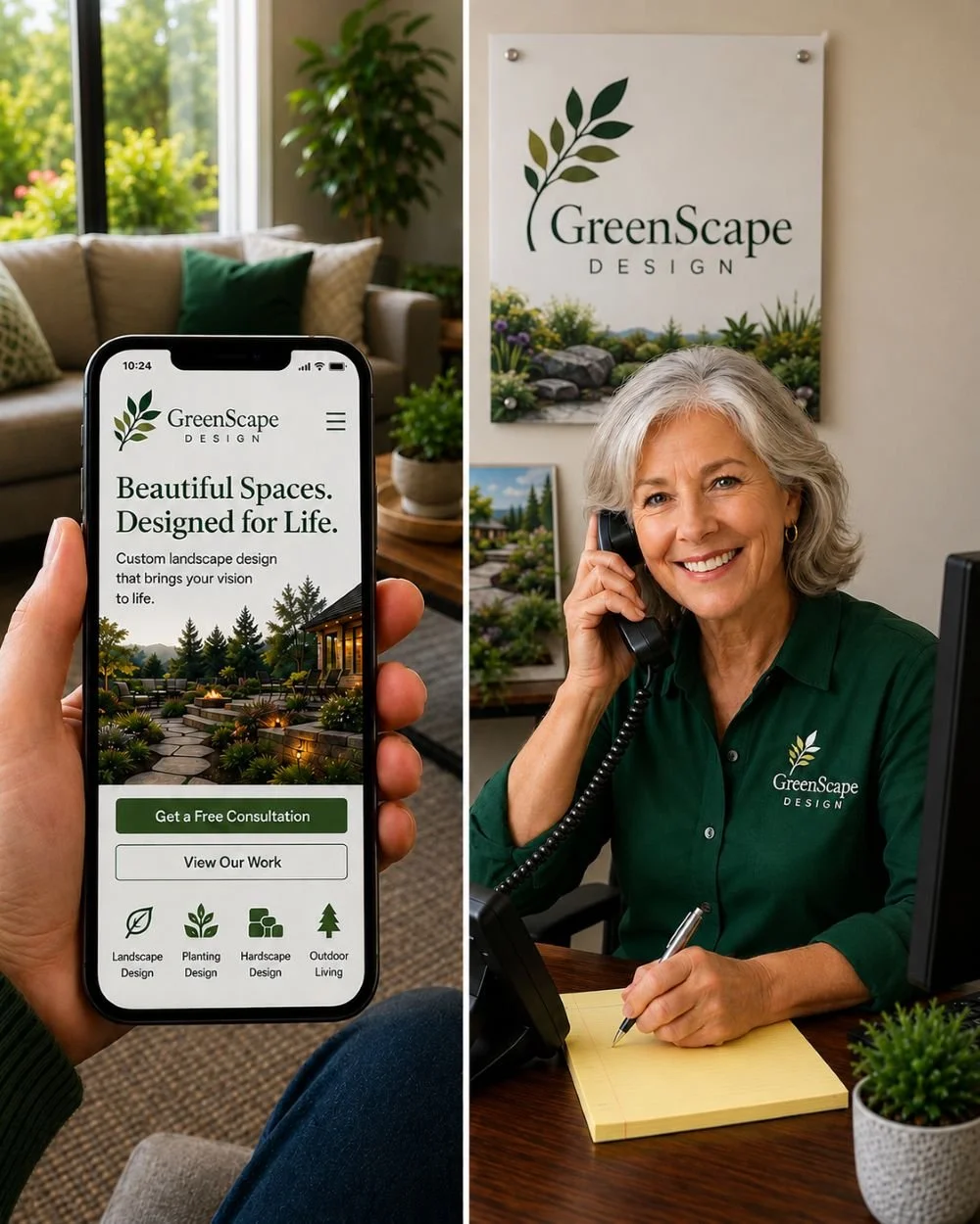 Image of a receptionist for a landscape company answering the phone
