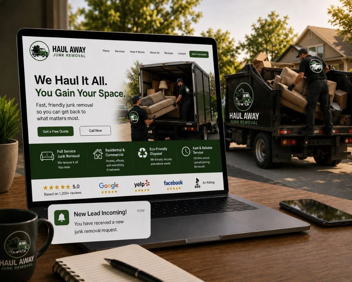 An image of a junk removal website next to a junk removal truck.