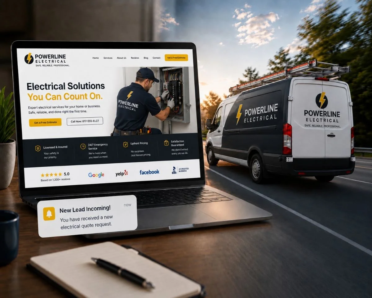 An image of an electrical website next to an electrical truck