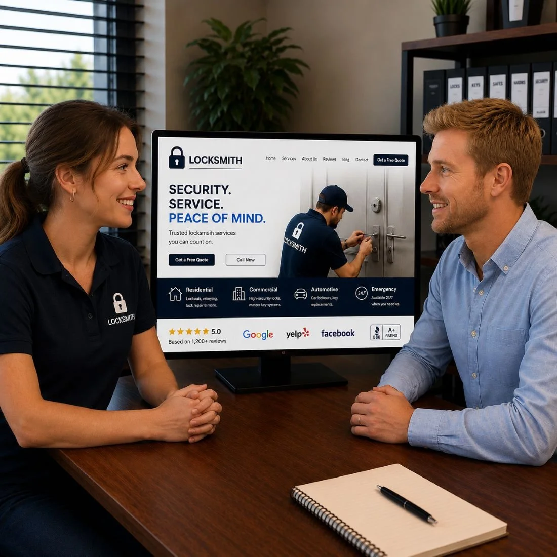 An image of a marketing meeting between a marketing company and a locksmith business owner