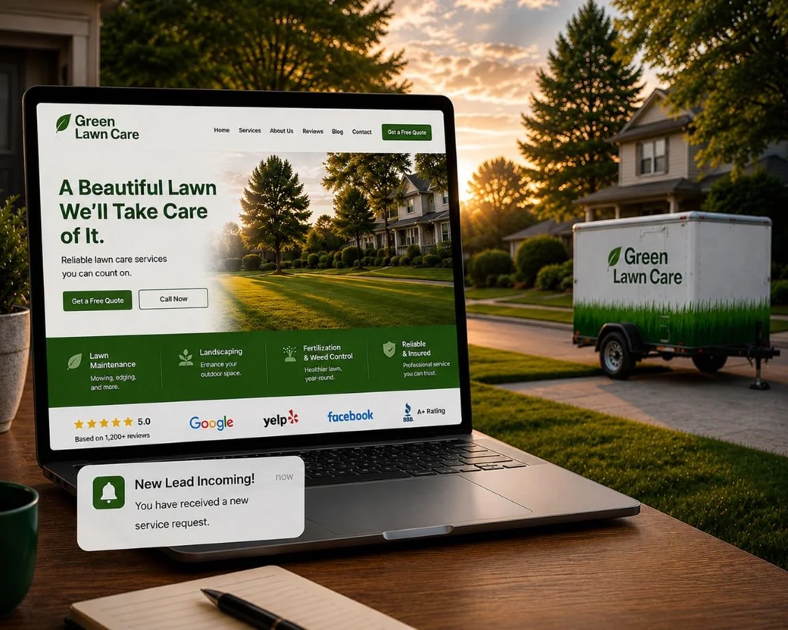 An image of a lawn care website next to a lawn care truck