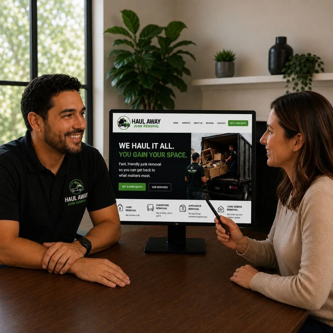 An image of a marketing meeting between a marketing company and a junk removal business owner