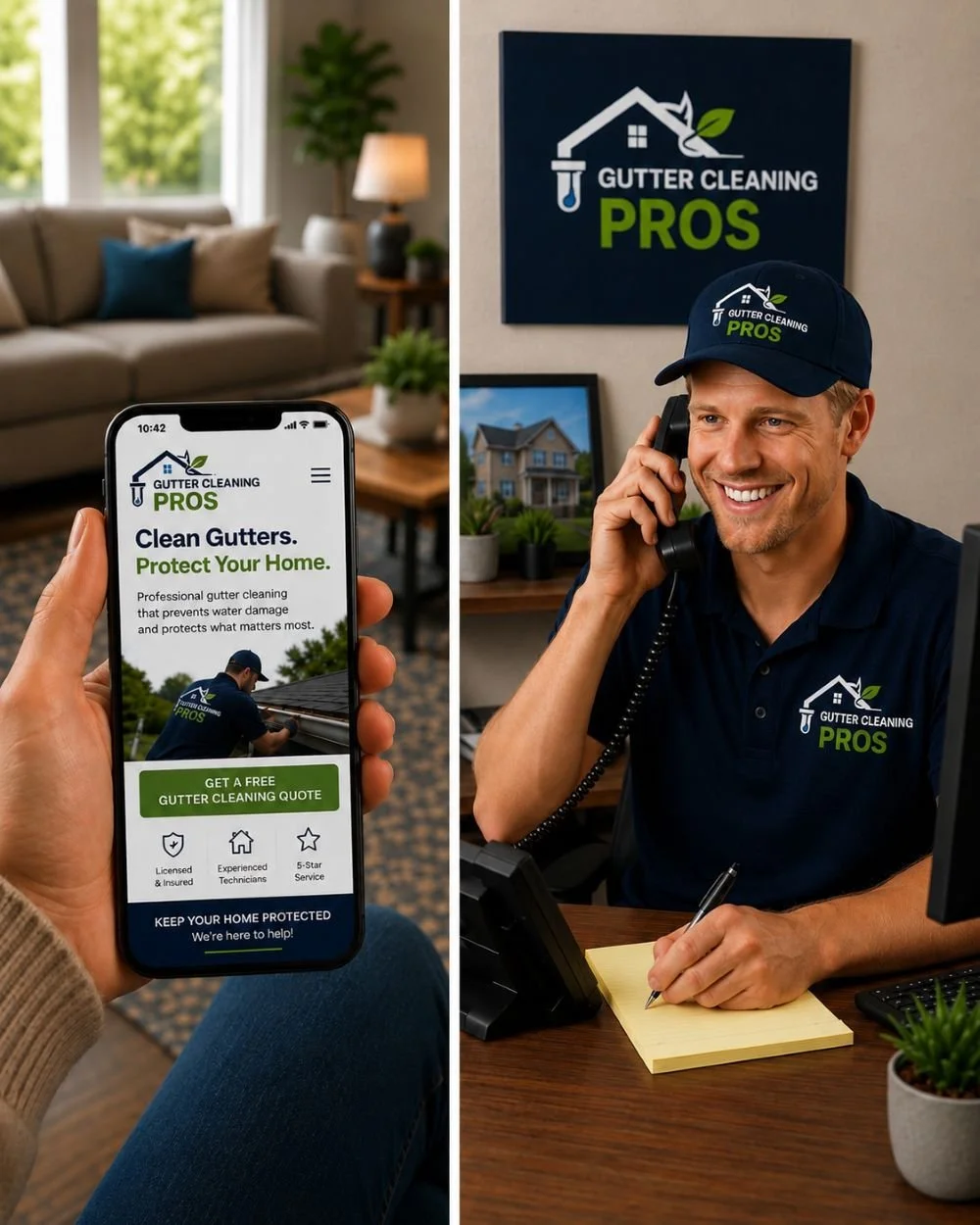 Image of a receptionist for a gutter service company answering the phone