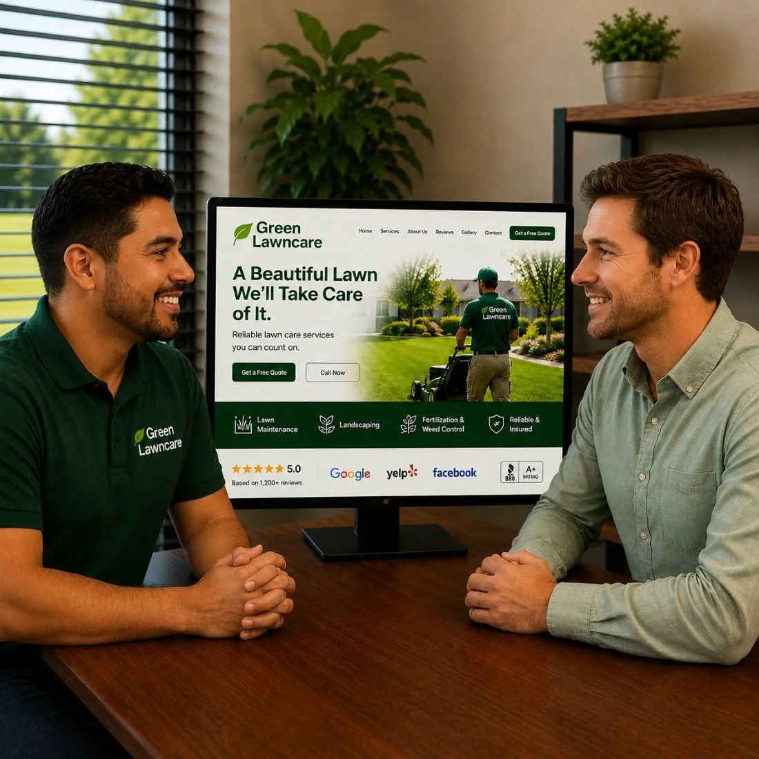 An image of a marketing meeting between a marketing company and a lawn care business owner