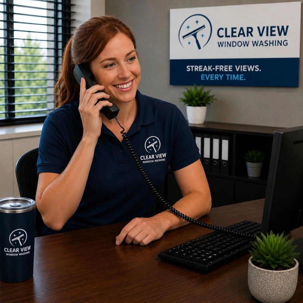Image of a receptionist for a window washing company answering the phone