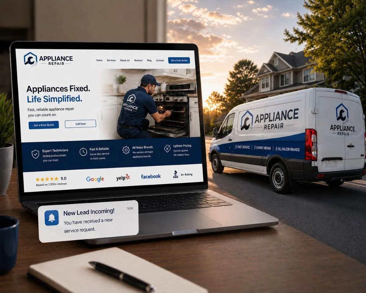 An image of an appliance repair website next to an appliance repair truck