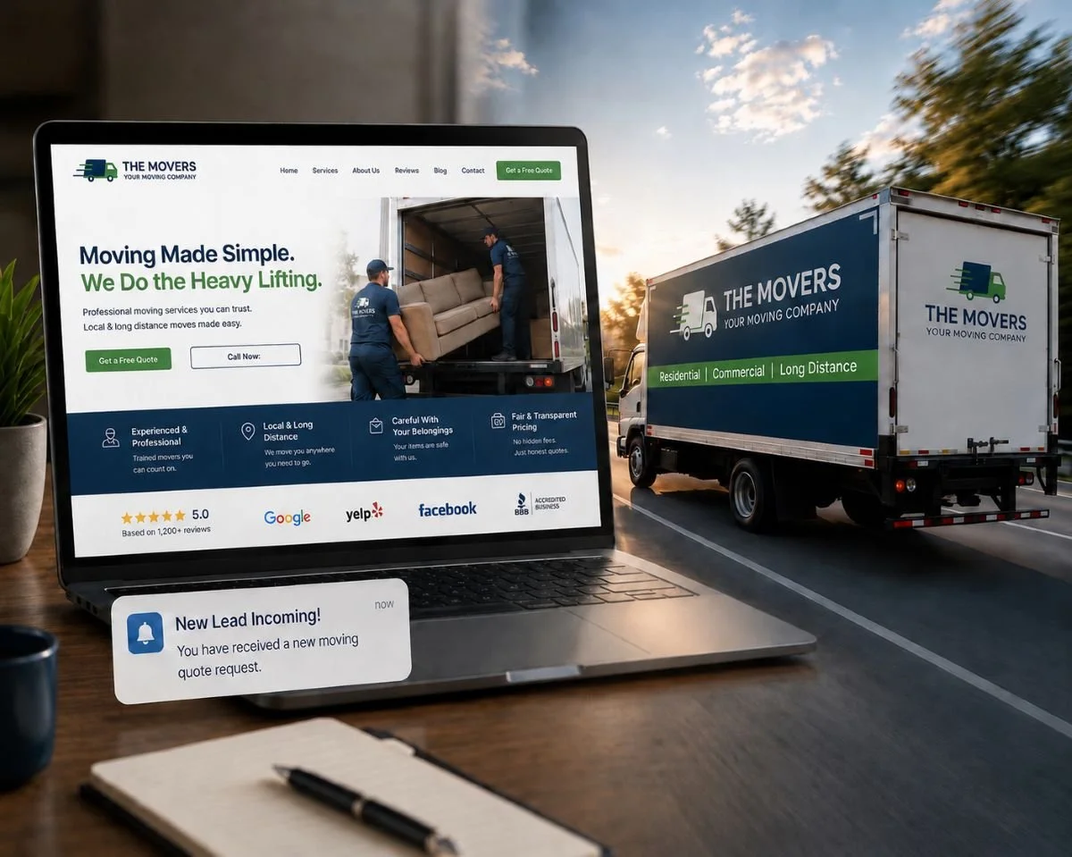 An image of a built moving website next to a moving truck