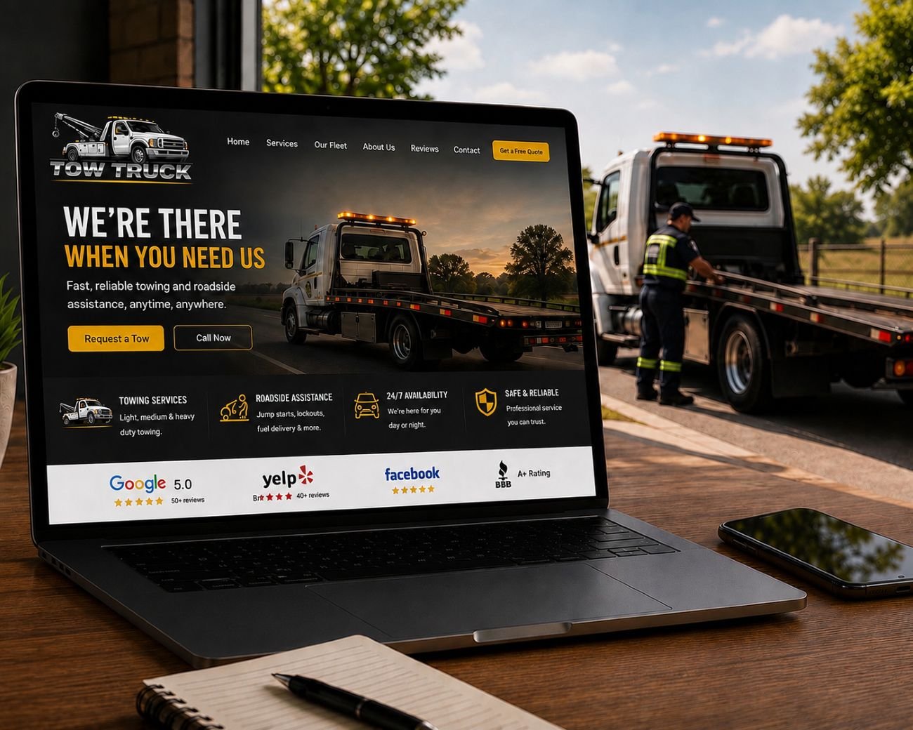 An image of a towing service website next to a tow truck