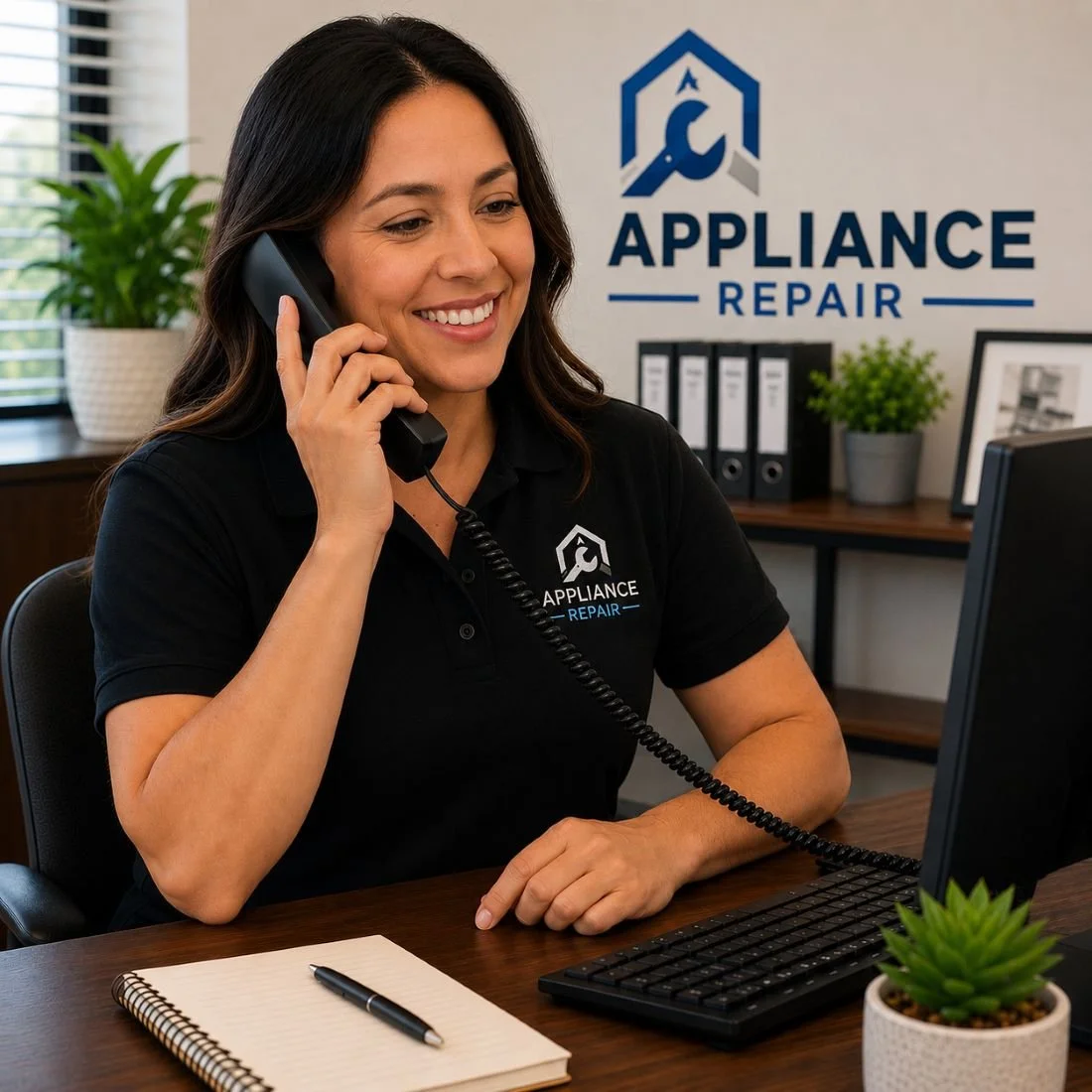 Image of a receptionist for an appliance repair company answering the phone