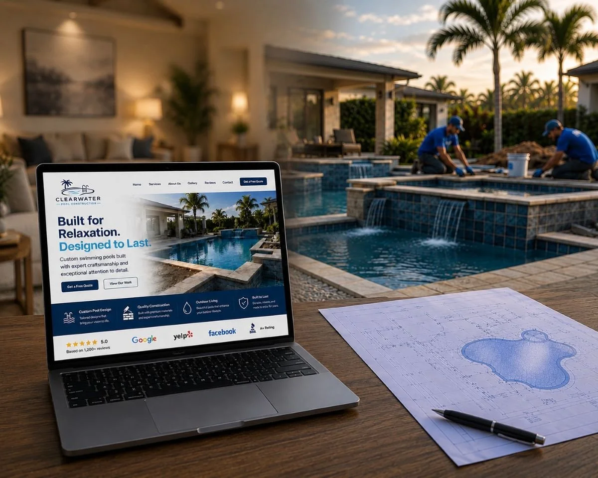 An image of a pool building website next to a pool being built