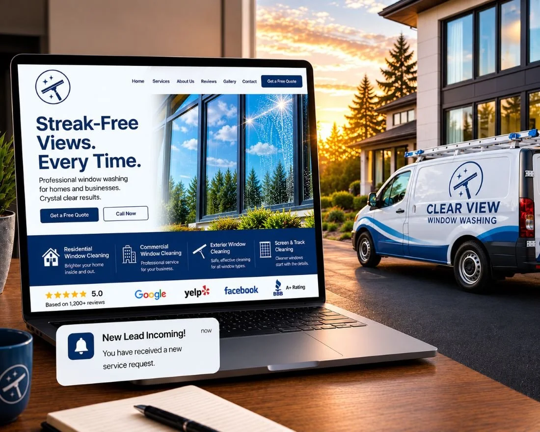 An image of a window washing website next to a window washing truck.