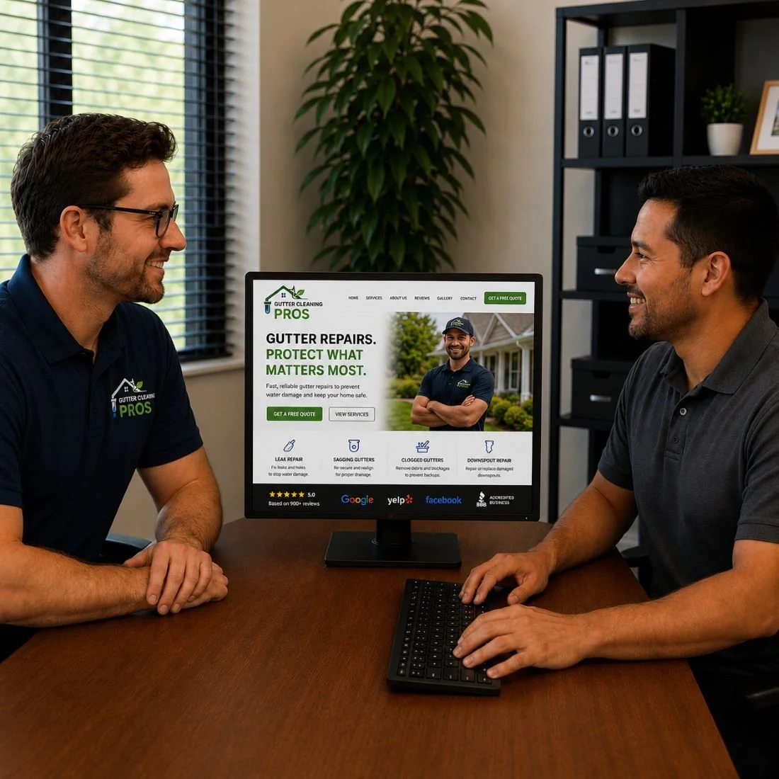 An image of a marketing meeting between a marketing company and a gutter service business owner