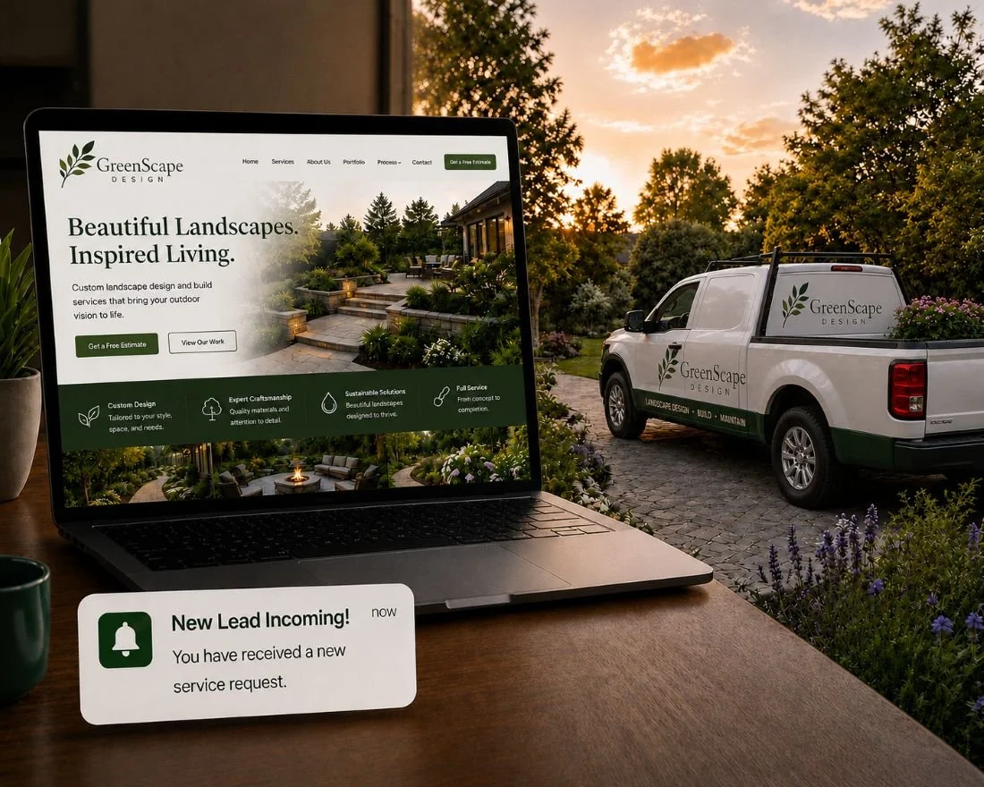 An image of a landscape website next to a landscape truck