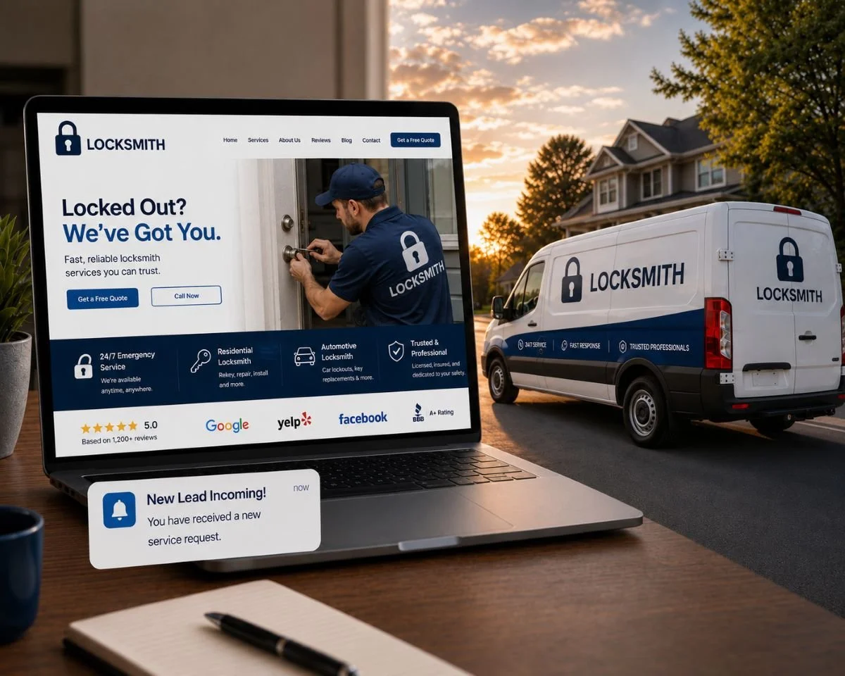An image of a locksmith website next to a locksmith truck