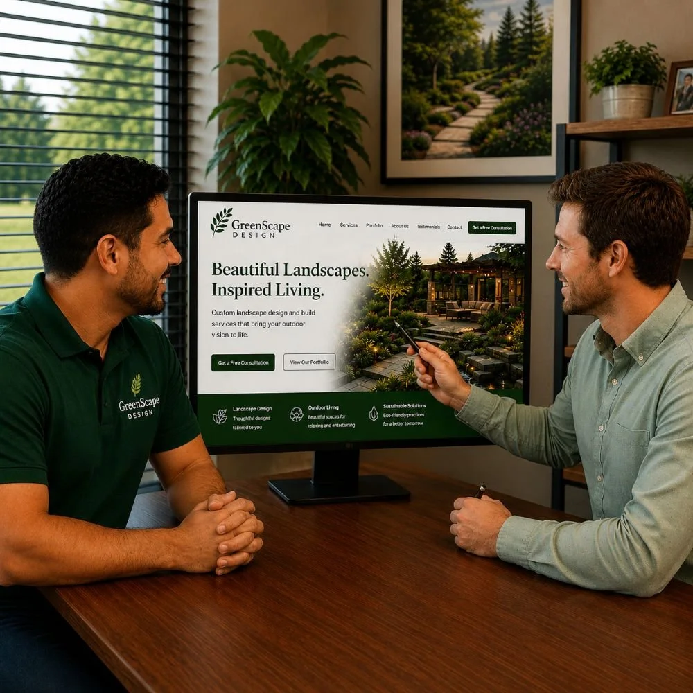 An image of a marketing meeting between a marketing company and a landscape business owner