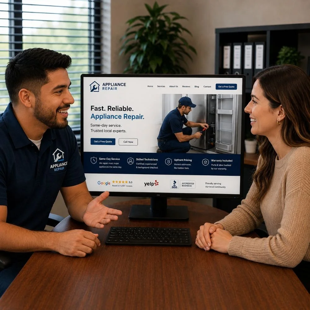 An image of a marketing meeting between a marketing company and an appliance repair business owner