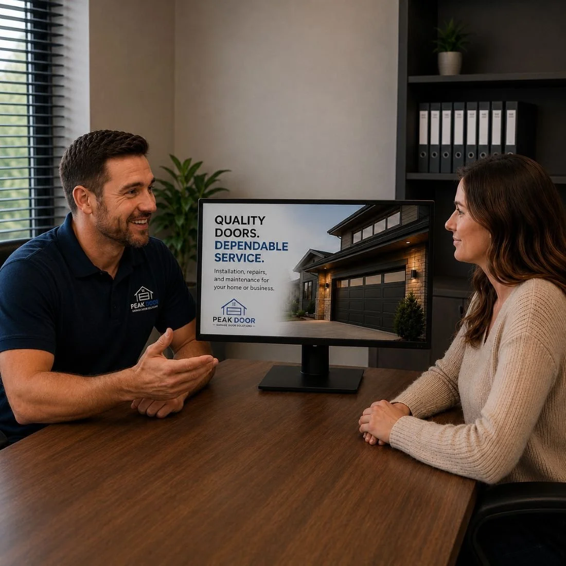 An image of a marketing meeting between a marketing company and a garage door business owner