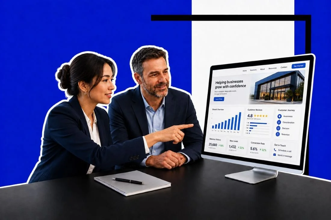 An image showing two people in a meeting discussing what they are seeing on a computer screen
