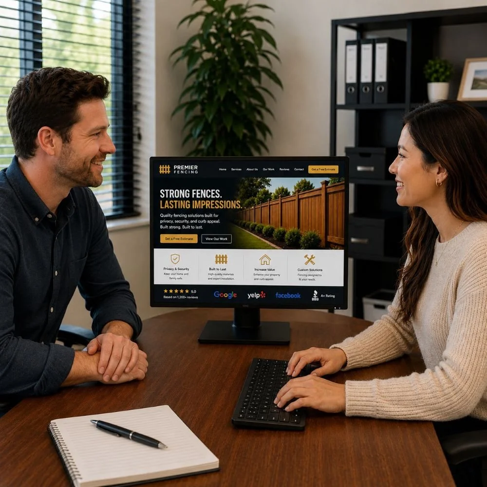 An image of a marketing meeting between a marketing company and a fencing business owner